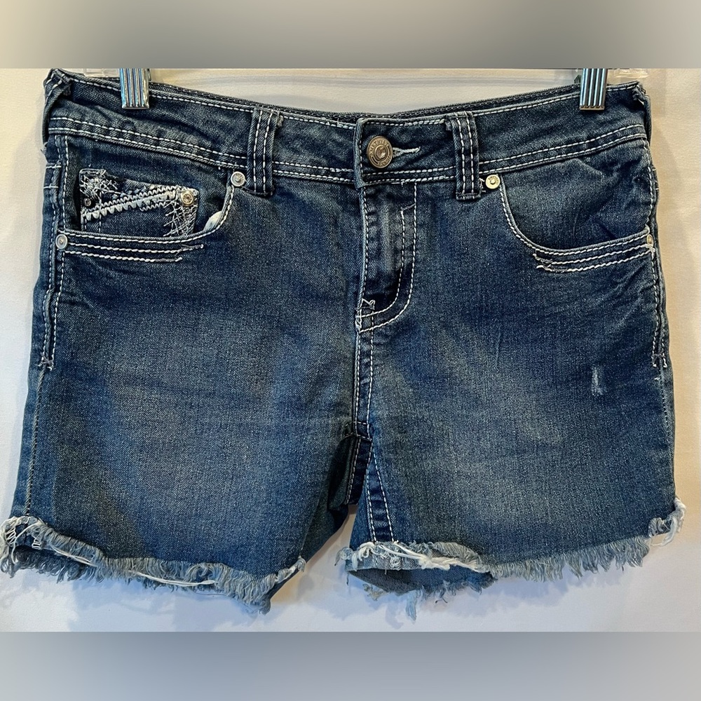 Amethyst- Embellished Denim‎ Jean Shorts - Blue with White Stitching- Size 7